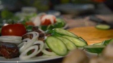 Doğada kesme ve hazırlama masası olan insanların yakın çekimi. Stok görüntüleri. İnsanlar doğada sebzeli iştah açıcı masalarla rahatlar. Sebzeli parlak bir masa ve doğada barbekü.. 