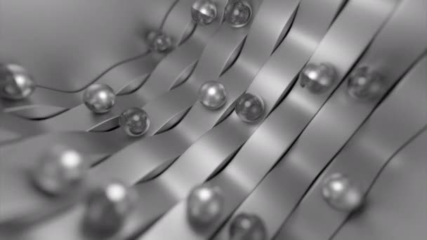 Изогнутые Серебряные Ленты Металлическими Шариками Дизайн Жемчуг Движении — стоковое видео