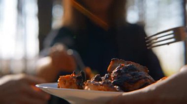 Tavuk parçalı tabak tutan adam. Stok görüntüleri. Izgara tavuk parçaları tabağa konur. Güneşli yaz günlerinde mangalda ızgara tavuk pişirilir.. 