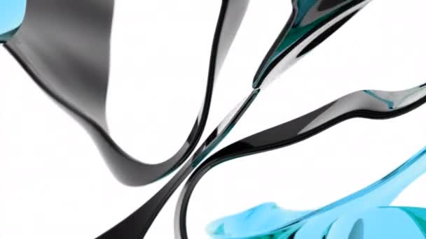 プラスチックの白黒と青のリボンが輝く抽象的な背景 最小限のカラフルなスピニング形状 — ストック動画