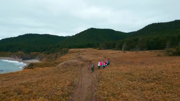 Top Uitzicht Toeristen Wandelen Langs Bergkust Trail Een Knip Wandelaars — Stockvideo