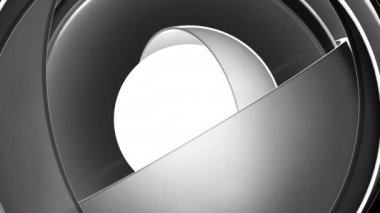 Metal bıçakların arkasına gizlenmiş beyaz çekirdekli soyut geometrik arka plan. Tasarım. Dönen dairesel bölümler 