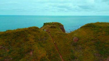 Sahilin kenarında duran bir grup insan. Şarjör. Turistler deniz ufkuna bakan kayalık sahilde duruyorlar. Bulutlu bir günde, deniz kenarında güzel otları olan kayalıklardaki turistler. 