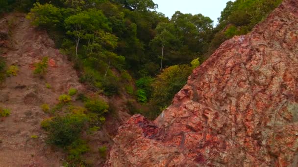 森林ゴージャスなロッキーリッジのトップビュー クリップ 緑のゴージの岩の斜面を持つ素晴らしい自然 ゴージャスな緑の木のシネマティックな岩 — ストック動画