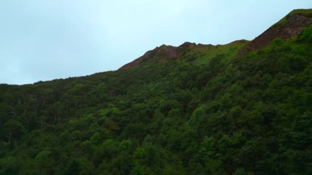森のある緑の山の景色 クリップ 緑の濃い森がある山の斜面のトップビュー 曇りの日の緑の森の斜面を持つ山の素晴らしい性質 — ストック動画