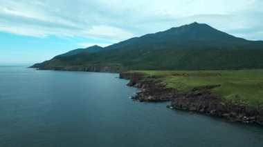 Japonya 'da bir adanın güney bölgesini araştırıyorum. Şarjör. Huzurlu deniz, yeşil arazi ve dağın havadan görünüşü