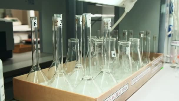医疗研究实验室设备 一位科学家拿着一个瓶子 手里拿着手套 手里拿着化学 生物化学和实验研究的概念 — 图库视频影像