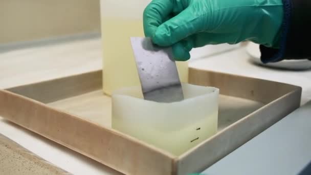 实验室研究的概念 将薄薄的金属板放入化学液体物质中 双手紧握手套 — 图库视频影像