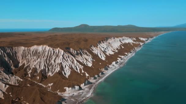 Αεροφωτογραφία Του Κίτρινου Χλοοτάπητα Και Όμορφους Σχηματισμούς Βράχων Κλιπ Θαλάσσια — Αρχείο Βίντεο
