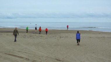 Bulutlu bir günde sahilde yürüyen bir grup insan. Şarjör. İnsanlar plajda denize yaklaşır. İnsanlar kumsalda yürür.