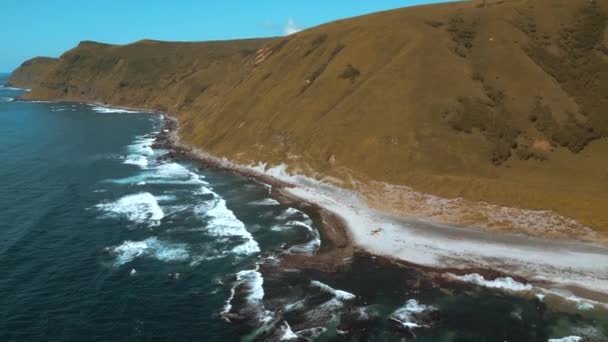 焼かれた黄色い草と青い海で覆われた山の航空機 クリップ 黄色い丘と濃い青い波の急な斜面が石に衝突し 泡を作成する — ストック動画
