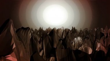 Keskin kaya oluşumlarıyla karanlık yeraltı mağarasında uçuyorlar. Animasyon. Dikitlerin üstündeki ışığa doğru ilerliyoruz.