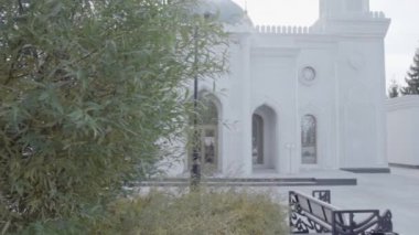 Şehirdeki ağaçların arkasında beyaz ve gri bir tarihi cami. Sahne. Bulutlu arka planda minareleri olan dini bir bina