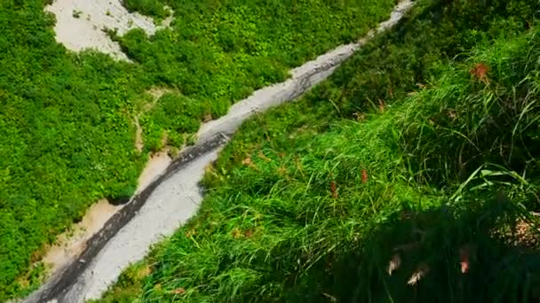 Вид Красиву Долину Річкою Травою Білих Скелях Кліп Вузька Стежка — стокове відео