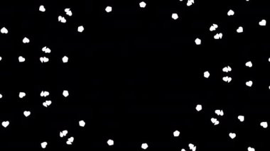 Siyah arka planda beyaz küçük kalplerin dönen kaleydoskopu. Animasyon. Kalplerin radikal halkaları, monokrom