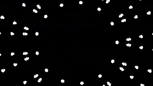 黒い背景に白い小さなハートのケルドーコープを回転させます アニメーション ハートのラジアルリング モノクロ — ストック動画