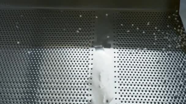 清洗聚合物颗粒 用于从碎片和异质颗粒中清除白色聚合物颗粒的网格 塑料加工和清洗化学车间 — 图库视频影像