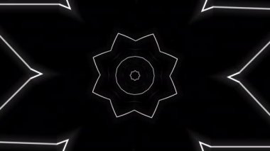 Geometrik çiçek deseni ve yanıp sönen hareketler. Animasyon. Siyah arka planda geometrik çizgileri olan siber desen. Siyah zemin üzerinde hipnotik etkisi olan geometrik desen taşınıyor. 