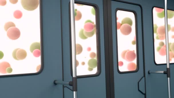空中に浮かび上がる抽象的な泡を列車の窓から眺める デザイン 子供の概念 ユニークな世界ビジョン — ストック動画