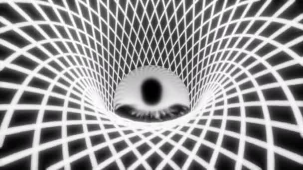 ロンボス トンネルの中を転がるモノクロ光沢のあるボール デザイン ロンボスパターンを形成する狭い線 — ストック動画