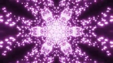 Çiçeksel kaleydoskopik şekil küçük parlayan parçacıkları emiyor. Tasarım. Titreşen simetrik şekil ve uçan noktalar