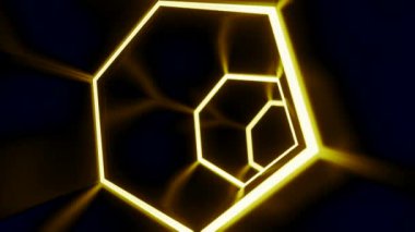 Neon çizgilerinin oluşturduğu sonsuz parlayan kahverengi tünelde ilerliyorlar. Tasarım. Geometrik 3d arkaplan