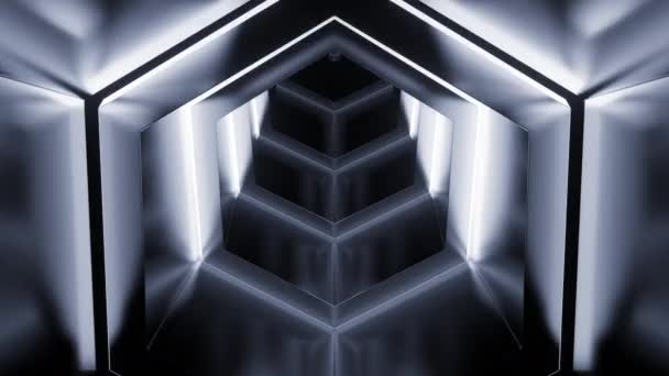 抽象的なモノクロ六角形がトンネル効果を生み出しています デザイン ネオンフレームを通って飛ぶ — ストック動画
