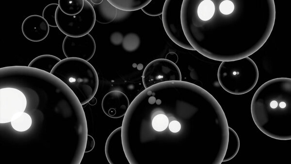 Black background. Design.Bright bubbles with white and yellow illumination of large size in the animation fly in different directions. High quality 4k footage