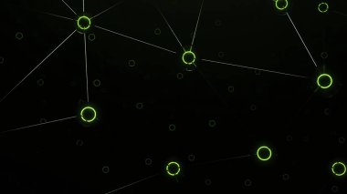 Yeşil ve turuncu arka plan. Belirleme. Farklı yönlere uçan soyutlamalı daireler çizilmiş. Yüksek kalite 4k görüntü