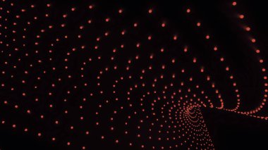 Eğri üç boyutlu noktalar siyah arkaplanda hareket ediyor. Tasarım. Noktalar kıvrımlı hacim akışında hareket eder. Koyu uzayda 3d etkisi ve geometrik eğrileri olan nokta akışı.