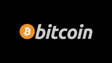 Bitcoin sembolü siyah arkaplanda belirdi ve patladı. Bitcoin kelimesi. Dijital para birimi logosu.