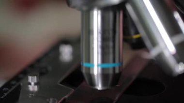 Test örneği laboratuvar mikroskop altında incelenmesi yakın çekim. Mikroskop kan Laboratuvarı yakın çekim. Mikroskop laboratuvar ve bilim adamının el yakın Hd kadar