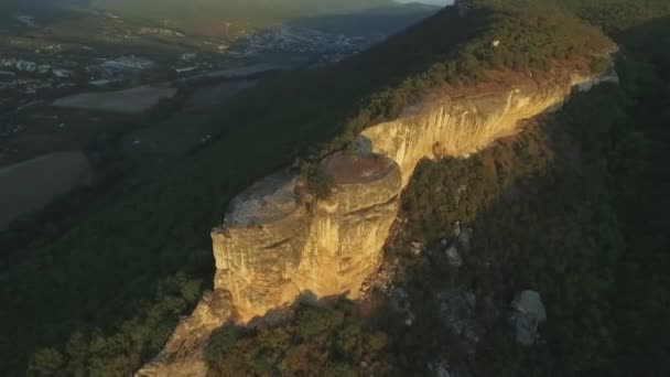 Luchtfoto Schot Dennenbos Uitzicht Rots Vlucht Langs Rotsachtige Berg Weergave — Stockvideo
