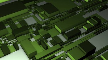 Çok renkli dikdörtgenler. Hareket. Turuncu ve yeşil arkaplan. Bilgisayar grafiklerinde hareket eden çeşitli uzun çizgiler. Yüksek kalite 4k görüntü