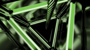 Pembe ve yeşil arka plan. Desine. Ters yönde hareket eden ve bilgisayar grafiklerinde üretilen üçgen şekilli bir tünel. Yüksek kalite 4k görüntü