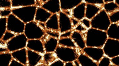 Siyah arka planda hareket eden sinirsel ağları olan desen. Tasarım. Hareket halindeki parlak çizgiler ve parlayan nabızlar. Işık darbeleri şablonun değişen ağında hareket eder.