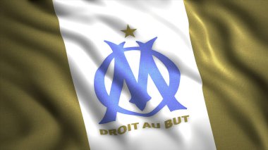 FC Olympique Marsilya logosu. Hareket. Fransız futbol liginin en yüksek ligi olan Ligue 1 'de oynayan Marsilya şehrinden bir Fransız profesyonel futbol kulübünün amblemi.