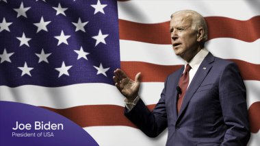 Amerikan bayrağına giriş. Hareket. Ülkelerin bayrağının arka planında ABD başkanının görüntüsüyle tanışma. Joe Biden ve ABD bayrağı 2022.