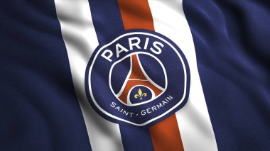 Fransız futbol kulübünün bayrağı. Hareket. Fransa futbol kulübü logosu ve bayrak sallayan 3 boyutlu bir arka plan. Fransız futbol kulübü Paris Saint-Germain 'in logosu.