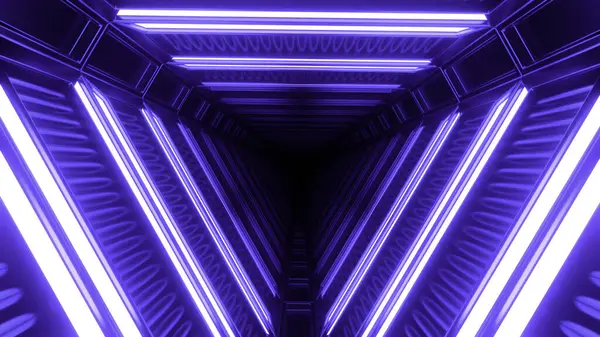 Abstract blue triangular tunnel of neon blue color. Design. Flying through spinning endless corridor