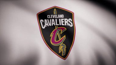 Basketbol Cleveland Cavaliers bayrağı şeffaf arka planda dalgalanıyor. Cleveland Cavaliers basketbol kulübü logosuyla yakın çekim, kusursuz döngü. Editör animasyonu.