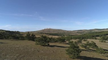 İğne yapraklı ağaçlar ve mavi gökyüzü karşı firs Vadisi. Mesafe Hill'de'nin manzaralarına