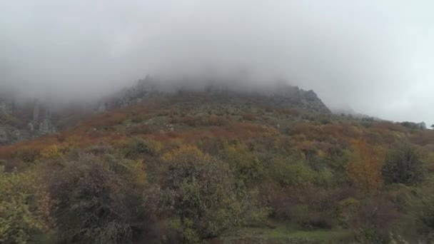 秋天山中的雾中的岩石悬崖 美丽的风景 — 图库视频影像