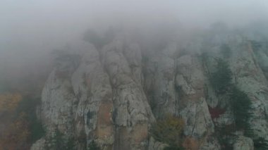 Büyük uçurum Close-Up siste kayalar. Sonbahar manzara