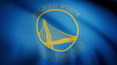 Basketbol Golden State Warriors bayrağı şeffaf arka planda dalgalanıyor. Golden State Warriors basketbol kulübü logosu olan bayrağın yakın çekimi, kusursuz döngü. Editör animasyonu.