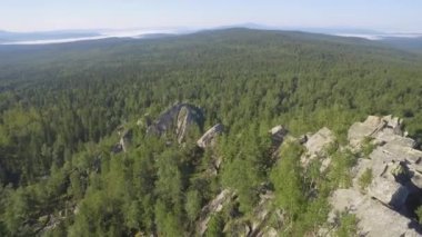 Firavun 'un tepesindeki kayaların üzerindeki firavun ağacı ormanı, yukarıdan görünen kayaların üzerindeki huş ve çam ağaçları. Etrafı kaya ve ormanlarla çevrili güzel bir yaz manzarası, hava manzarası 4K
