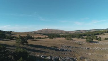 Mavi gökyüzü ve bulutlar karşı yeşil tepeler ile güzel iğne yapraklı ağaçlar. Fütüristik binaları ile bir tepede görüntülemek