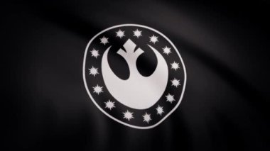 Yıldız Savaşları. Yeni Cumhuriyet bayrağı şeffaf arkaplanda dalgalanıyor. Üzerinde New Republic logosu olan bayrağın yakın çekimi, kusursuz döngü. Editör animasyonu.