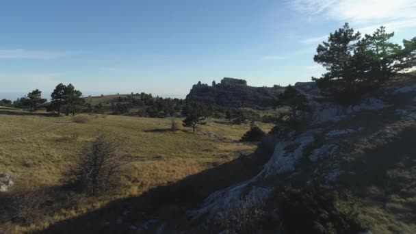 穿过森林和绿色山谷的岩石丘陵的路径 蓝天下的针叶树 — 图库视频影像