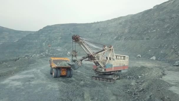 Excavator Loads Limestone Ore Dump Body Truck Panoramic View — Stock Video
